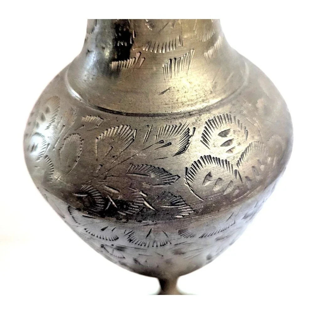 Brass Ruffle Top Bud Vase 11-in Etched Design Vintage 1950s India Bohemian Gift